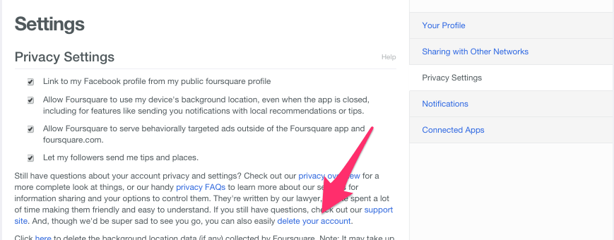 Foursquare Privacy Settings, Delete Account Page