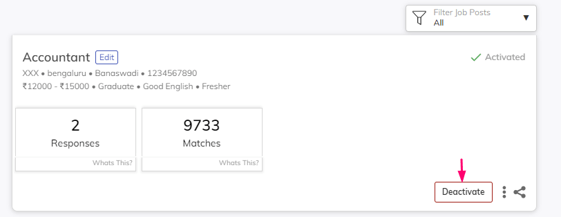 Step 2: Beside every job post you will find an Activate/Deactivate button.